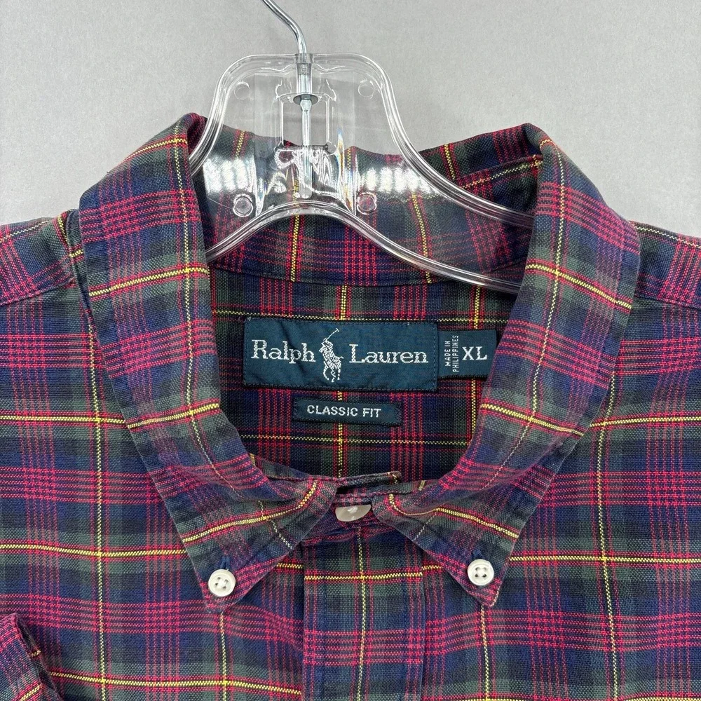 Ralph Lauren Shirt Mens XL Plaid Red Button Down Tartan Oxford Vintage Polo‎